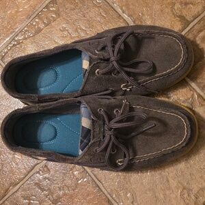 GUC Sperry Dark Grey Leather Blue Plaid Loafers